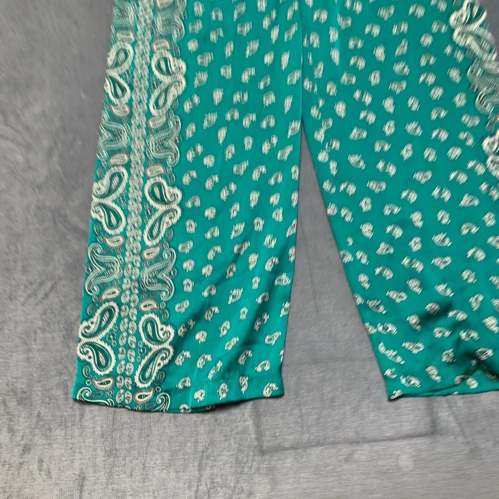 Michael Kors Wide Leg Pants Womens 14 Teal Paisley Drawstring Elastic Waist